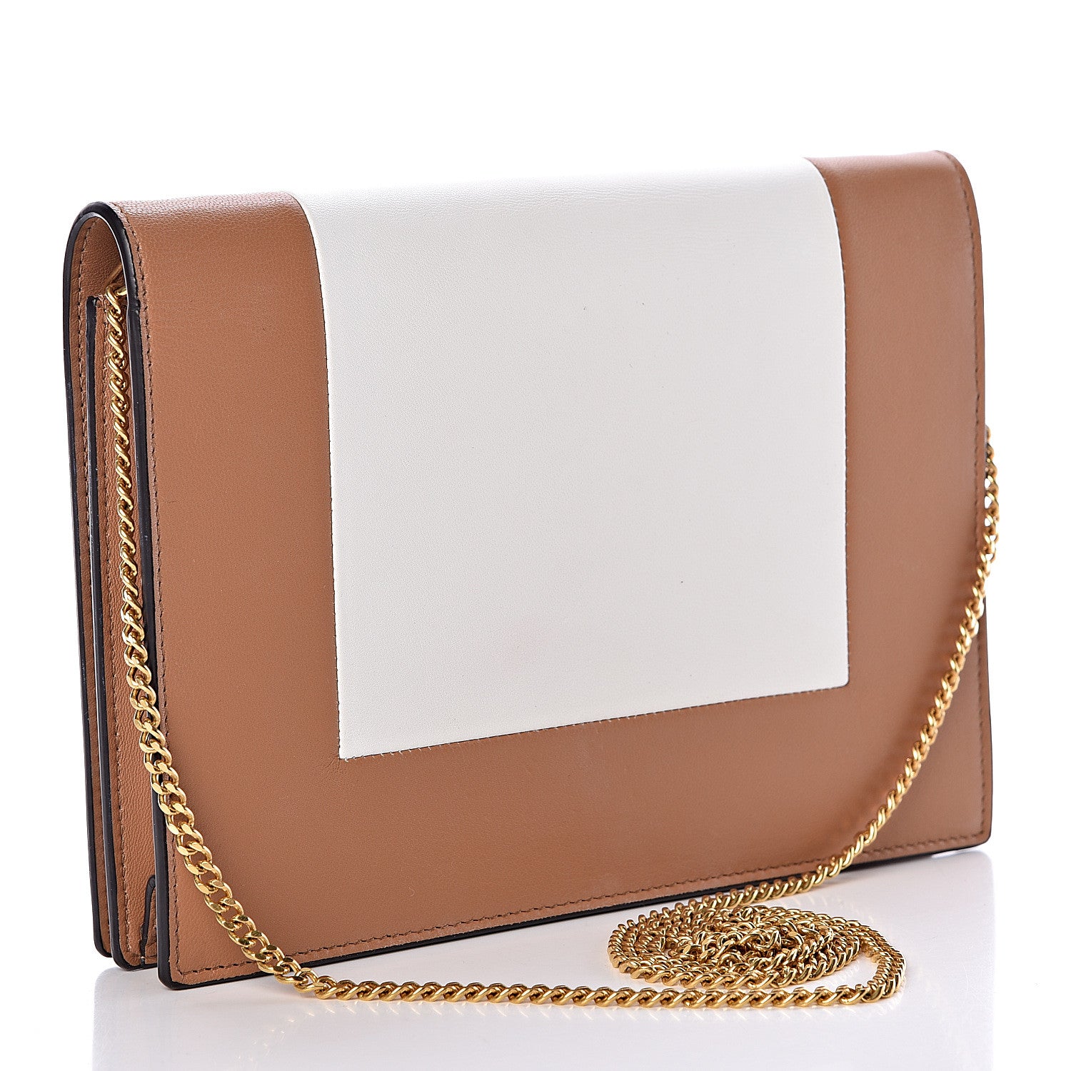 Celine Smooth Lambskin Frame Evening Chain Clutch Tan Optic White 3 of 12