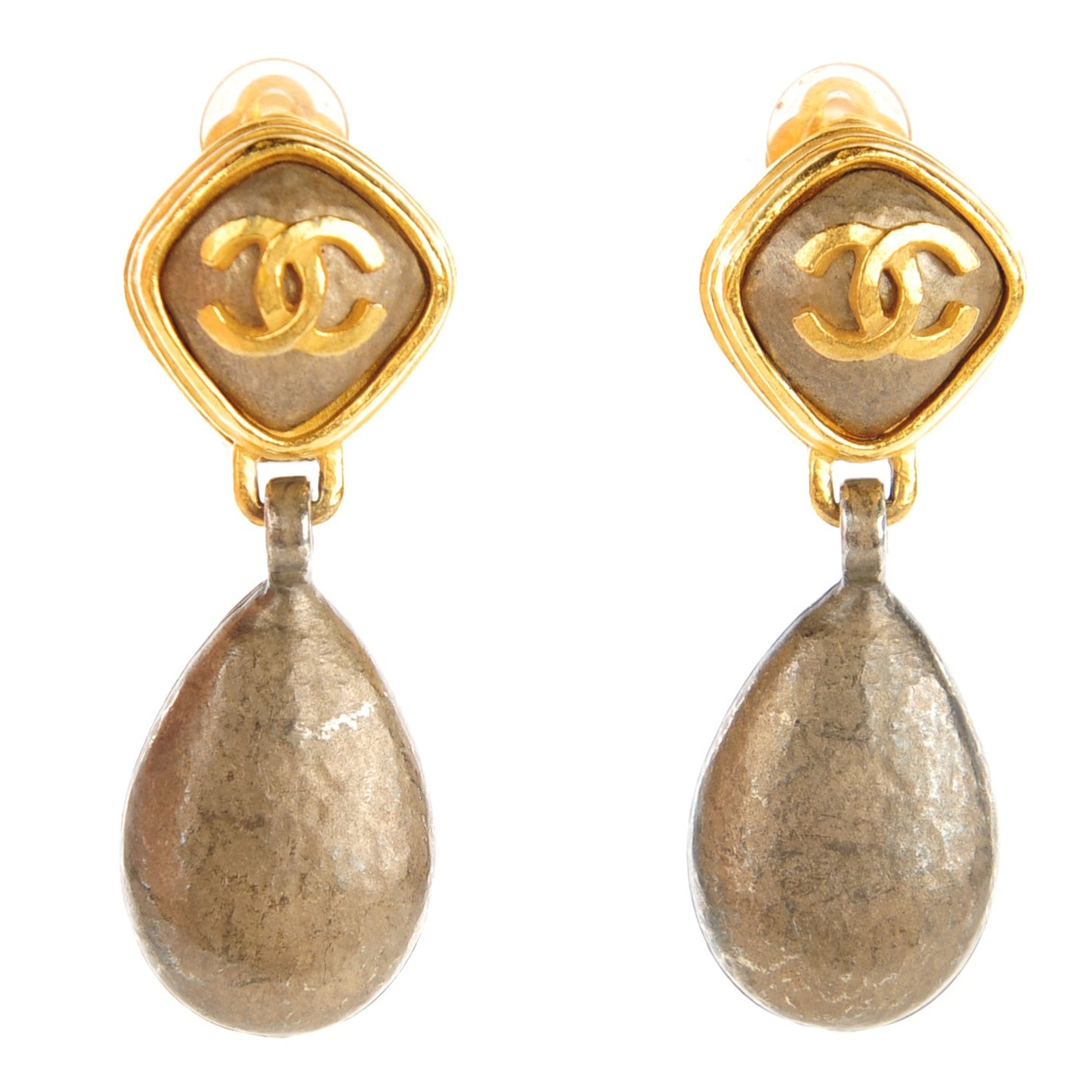 Hammered Metal CC Drop Clip On Earrings Gold
