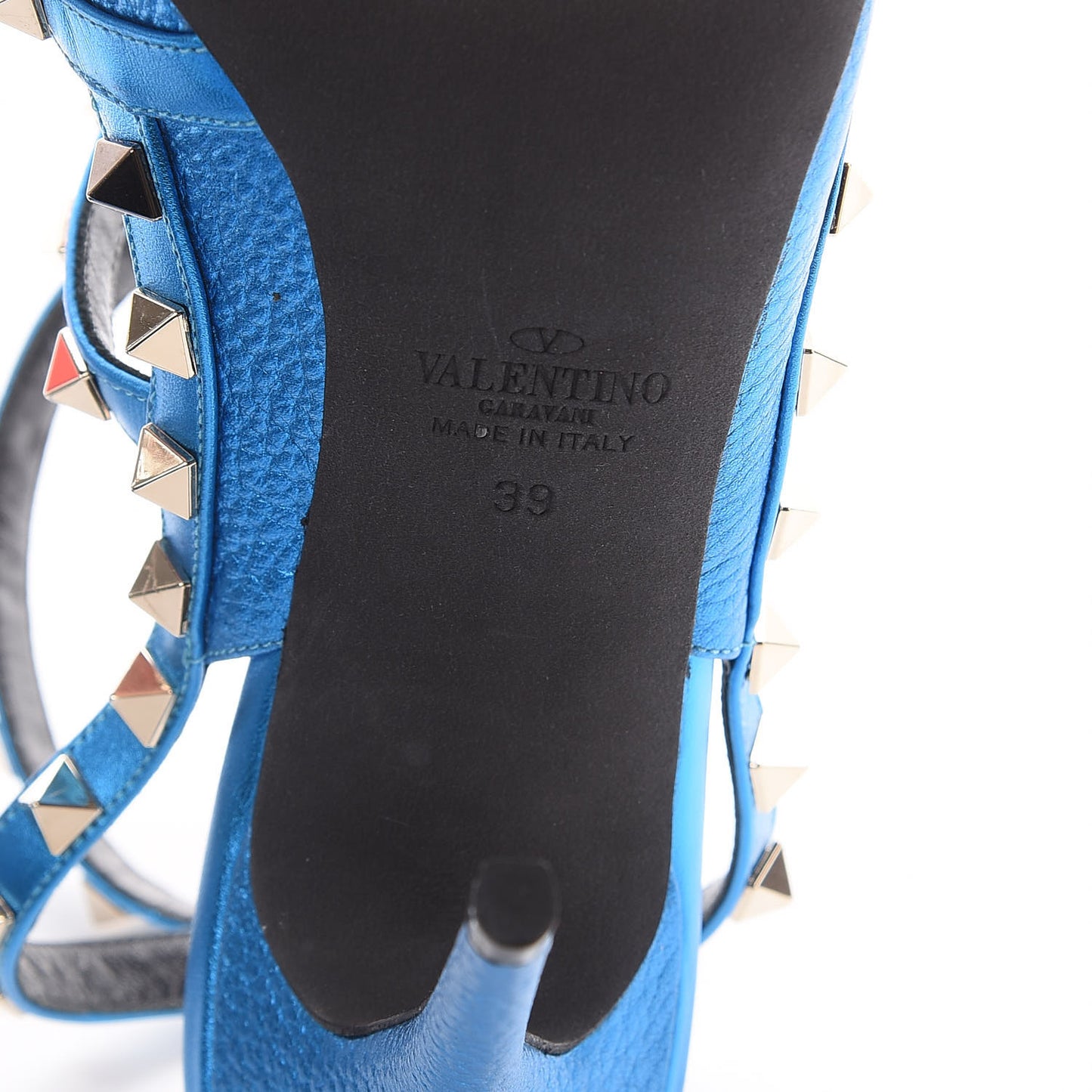 Metallic Pebbled Calfskin Rockstud Ankle Strap 100mm Pumps 39 Light Blue