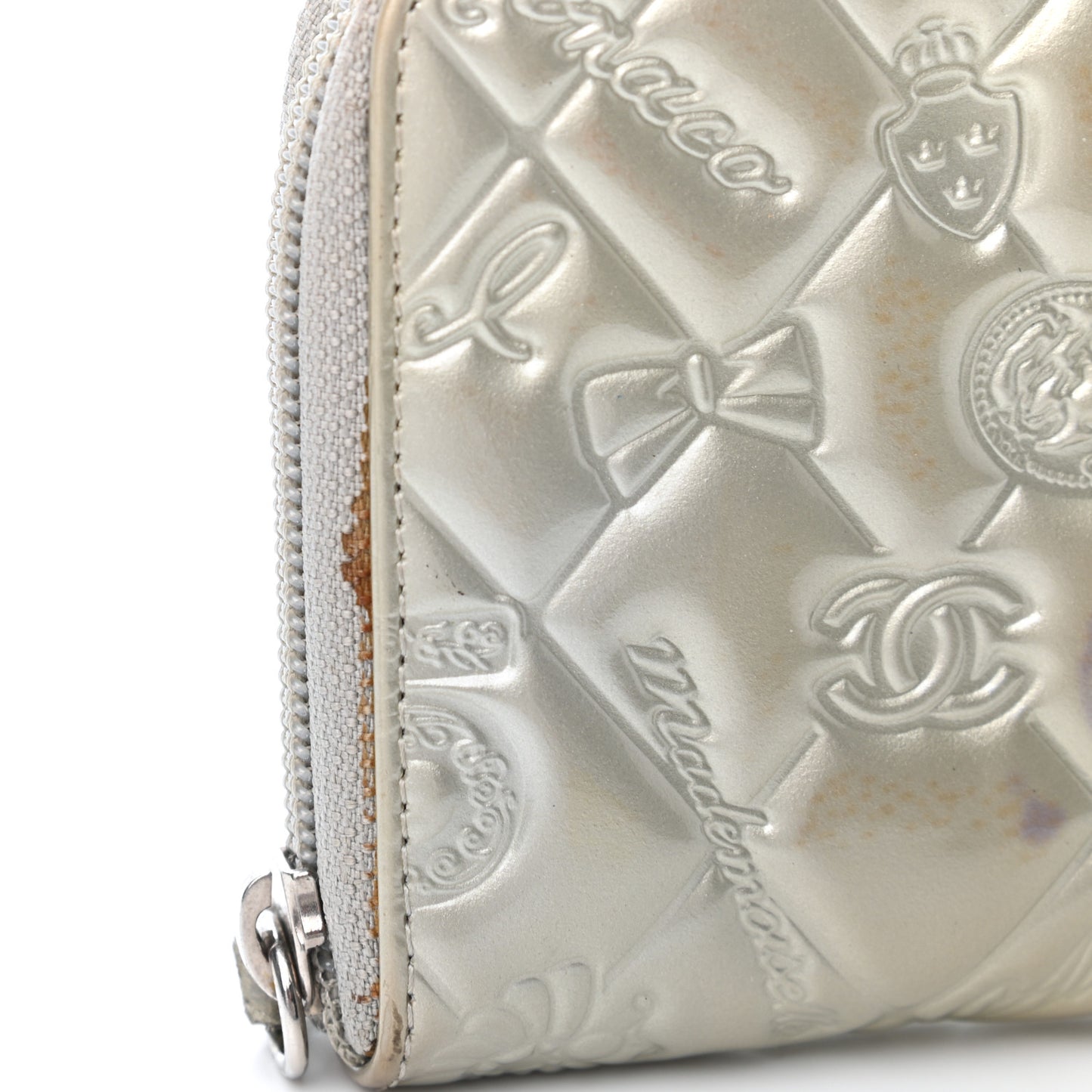 Patent Calfskin Lucky Symbols Zip Around Wallet Silver