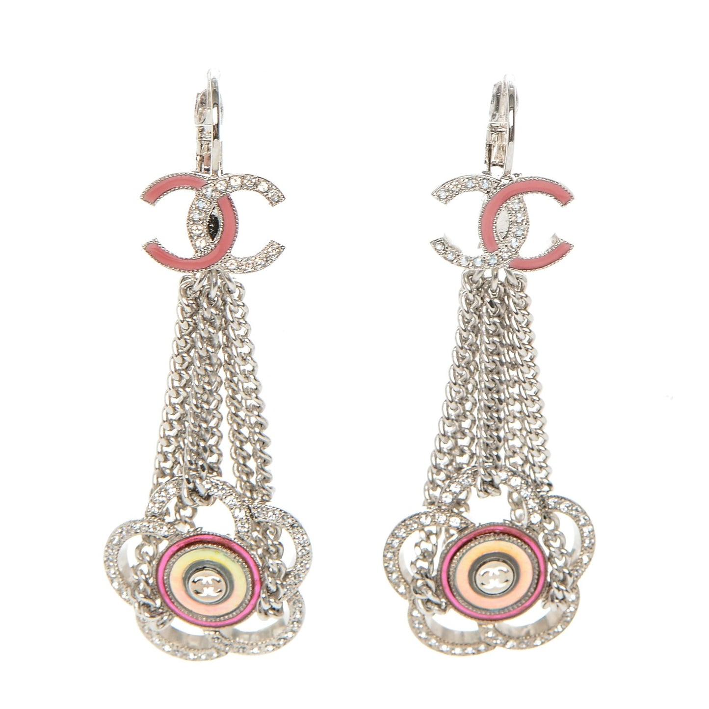 Crystal Enamel CC Camellia Drop Earrings Silver