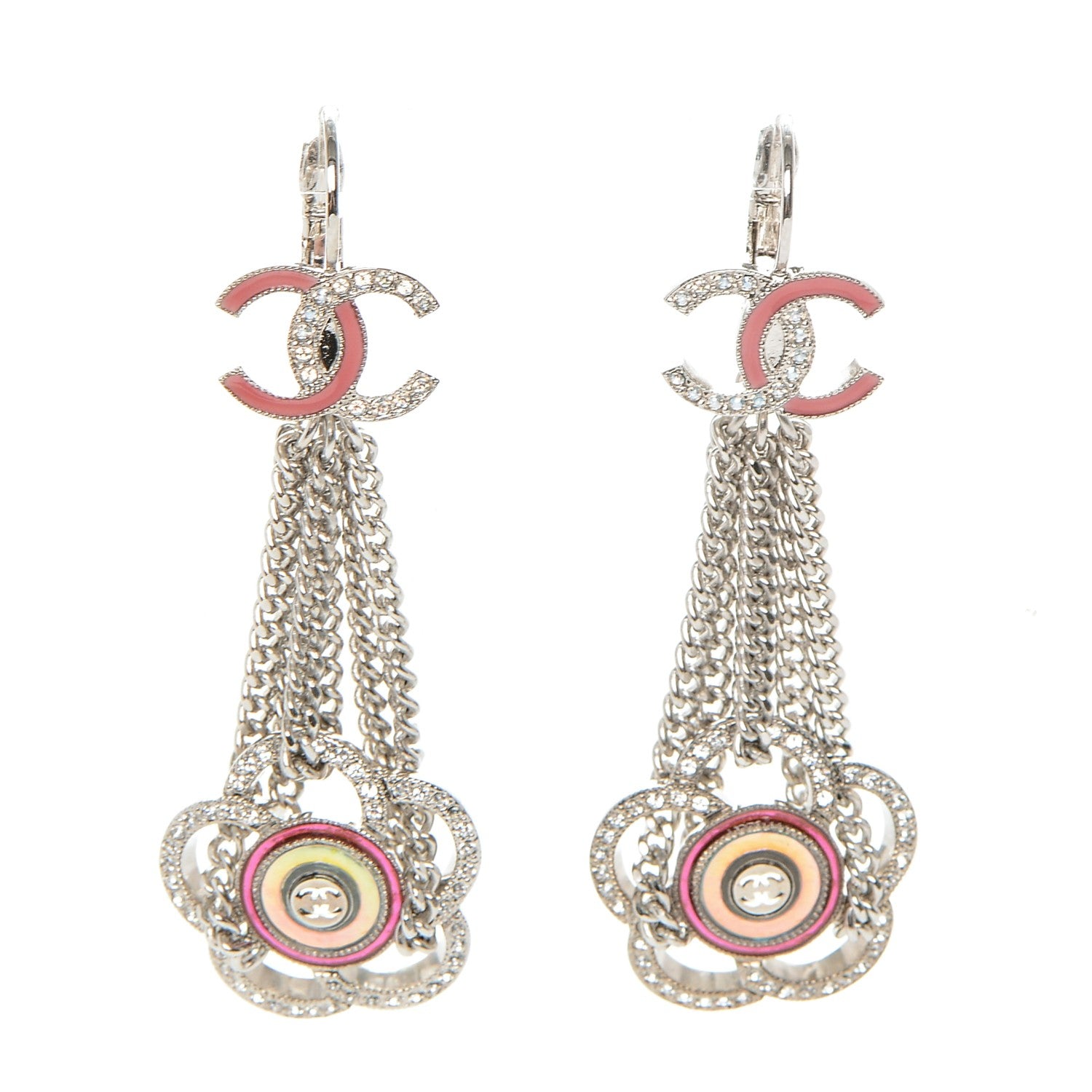 Chanel Crystal Enamel CC Camellia Drop Earrings Silver 1 of 4