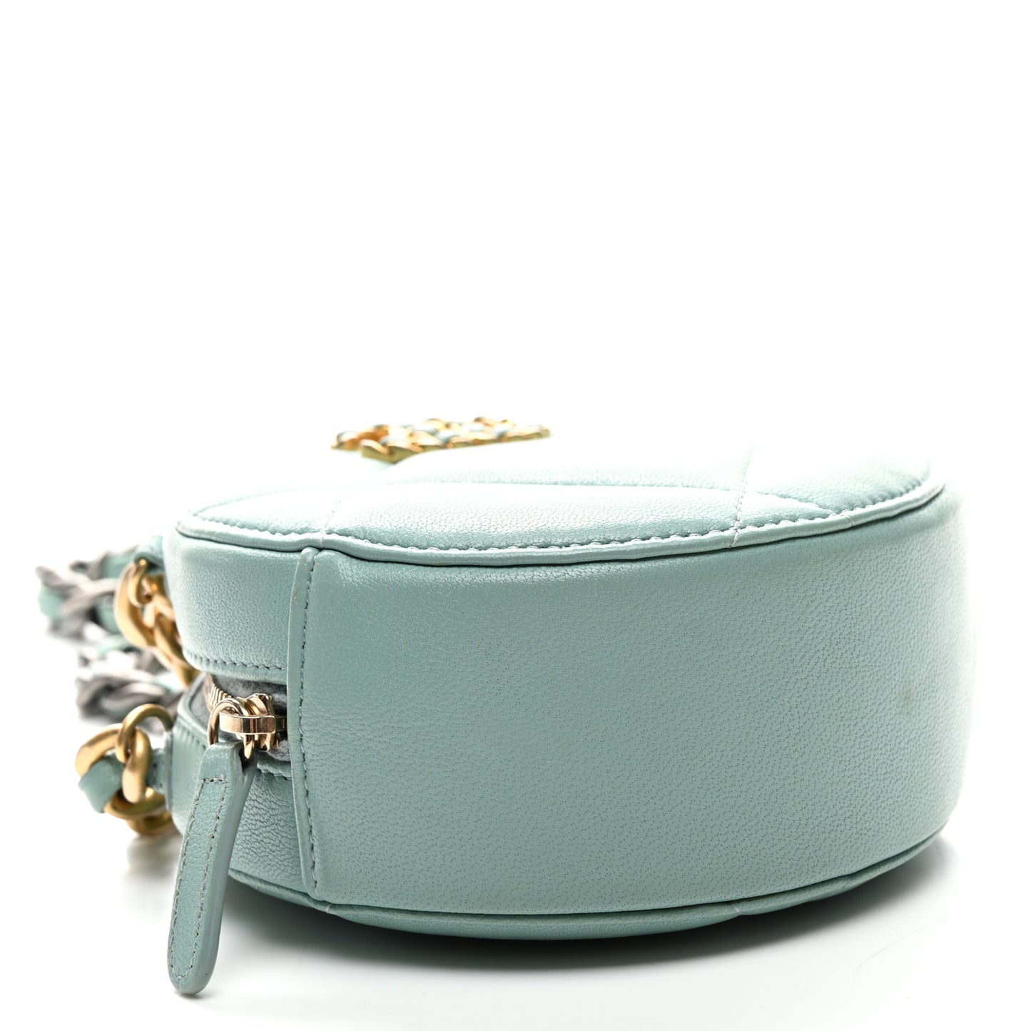 Goatskin Quilted Chanel 19 Round Clutch With Chain Light Blue