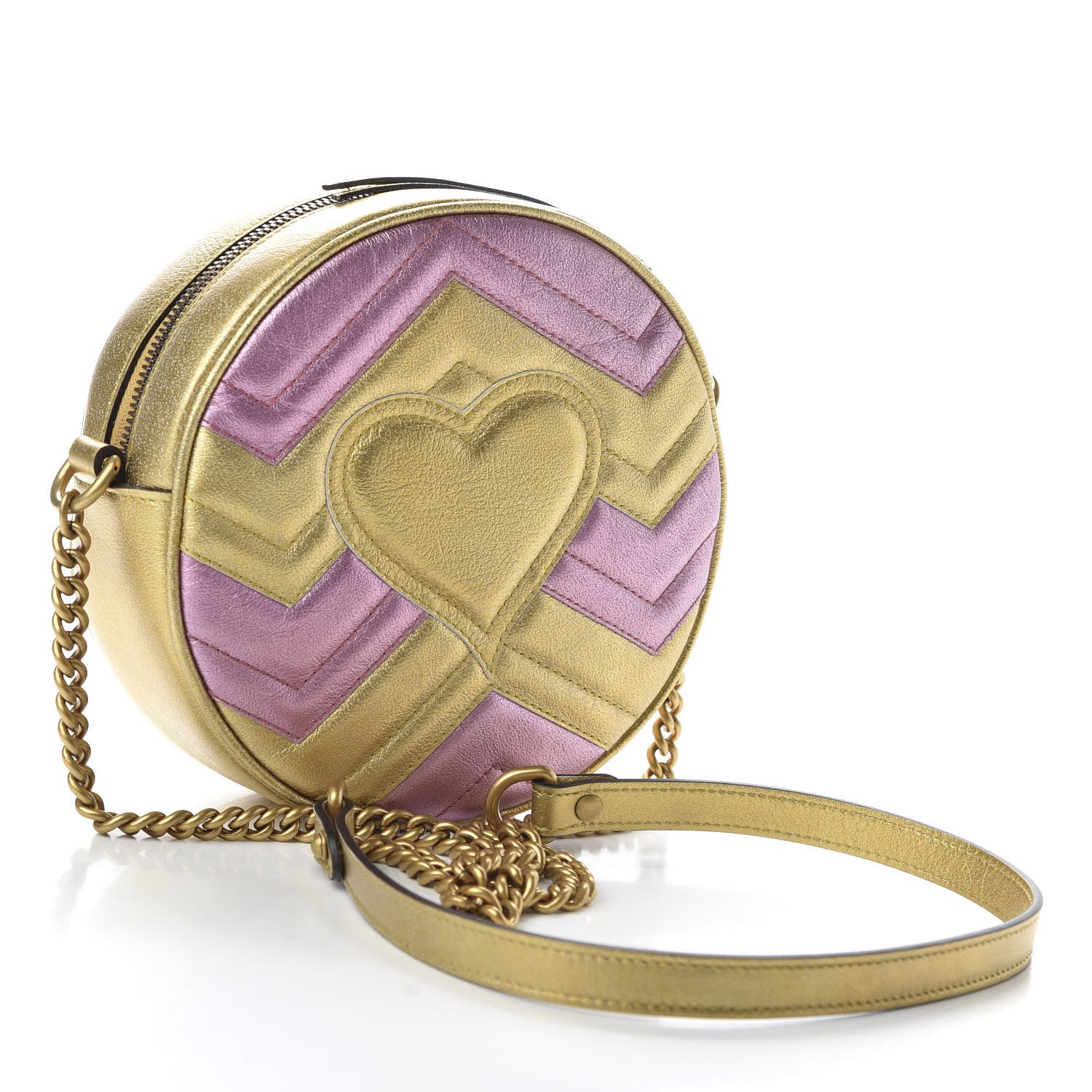 Gucci Metallic Calfskin Matelasse Mini GG Marmont Round Shoulder Bag Gold Pink 3 of 10