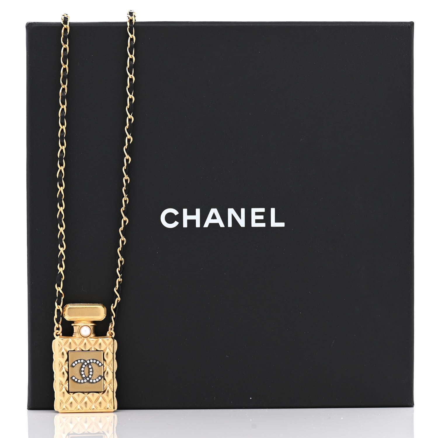 Chanel Crystal Pearl Perfume Bottle CC Necklace Black Gold 7 of 7