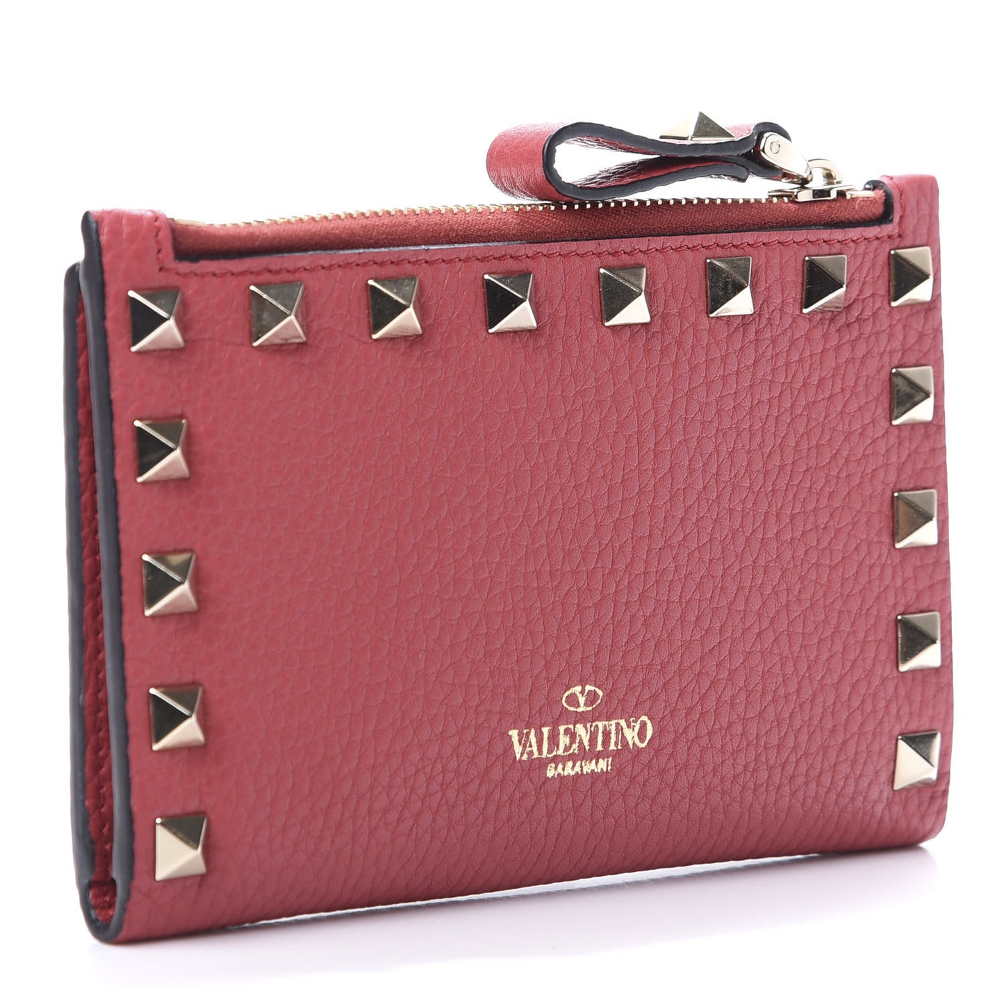 Pebbled Calfskin Rockstud Coin Case Card Holder Pink