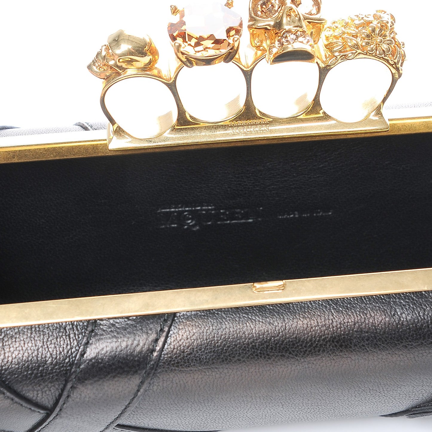 Nappa Buckle Skull Knuckle Box Clutch Black