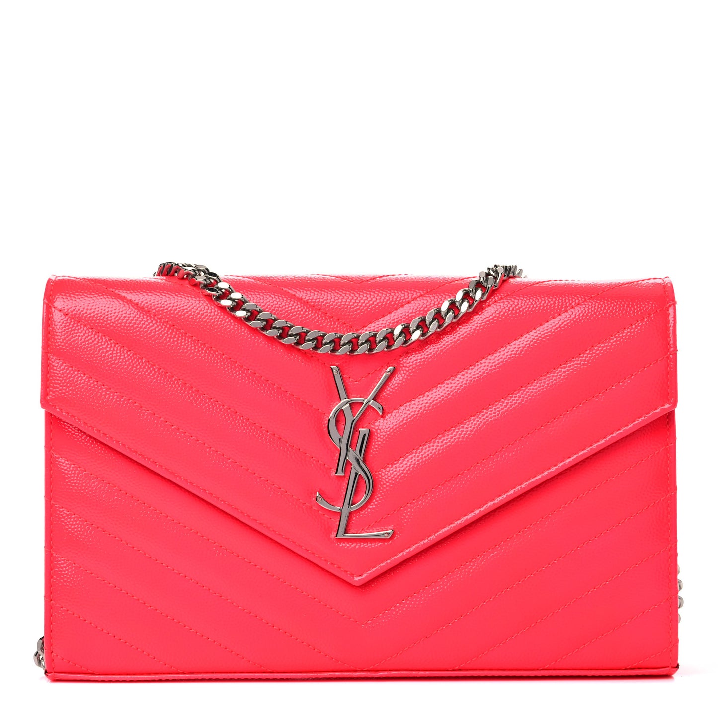 Patent Grain De Poudre Matelasse Chevron Monogram Chain Wallet Neon Pink