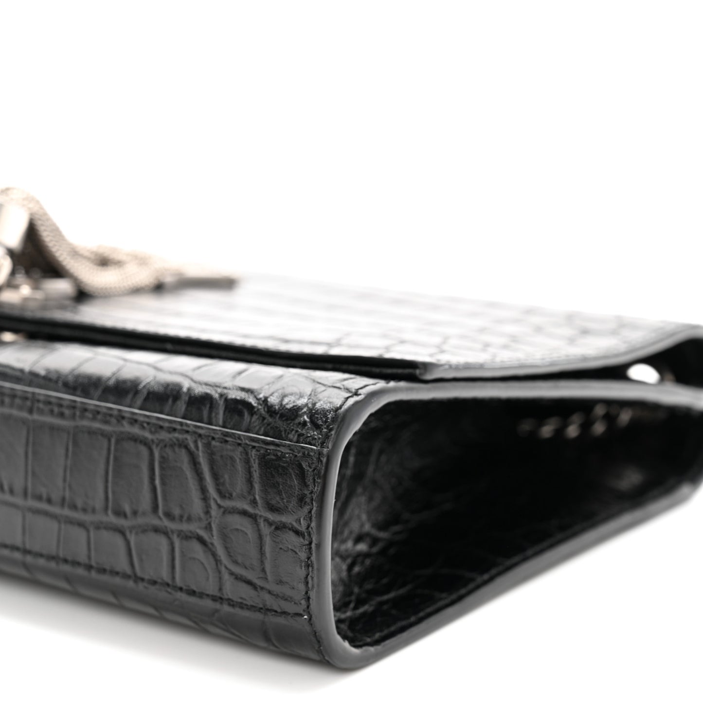 Calfskin Crocodile Embossed Medium Classic Monogram Kate Tassel Satchel Black