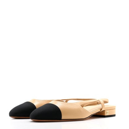Chanel Goatskin Grosgrain Cap Toe CC Slingback Sandals 36 Beige Black 3 of 10