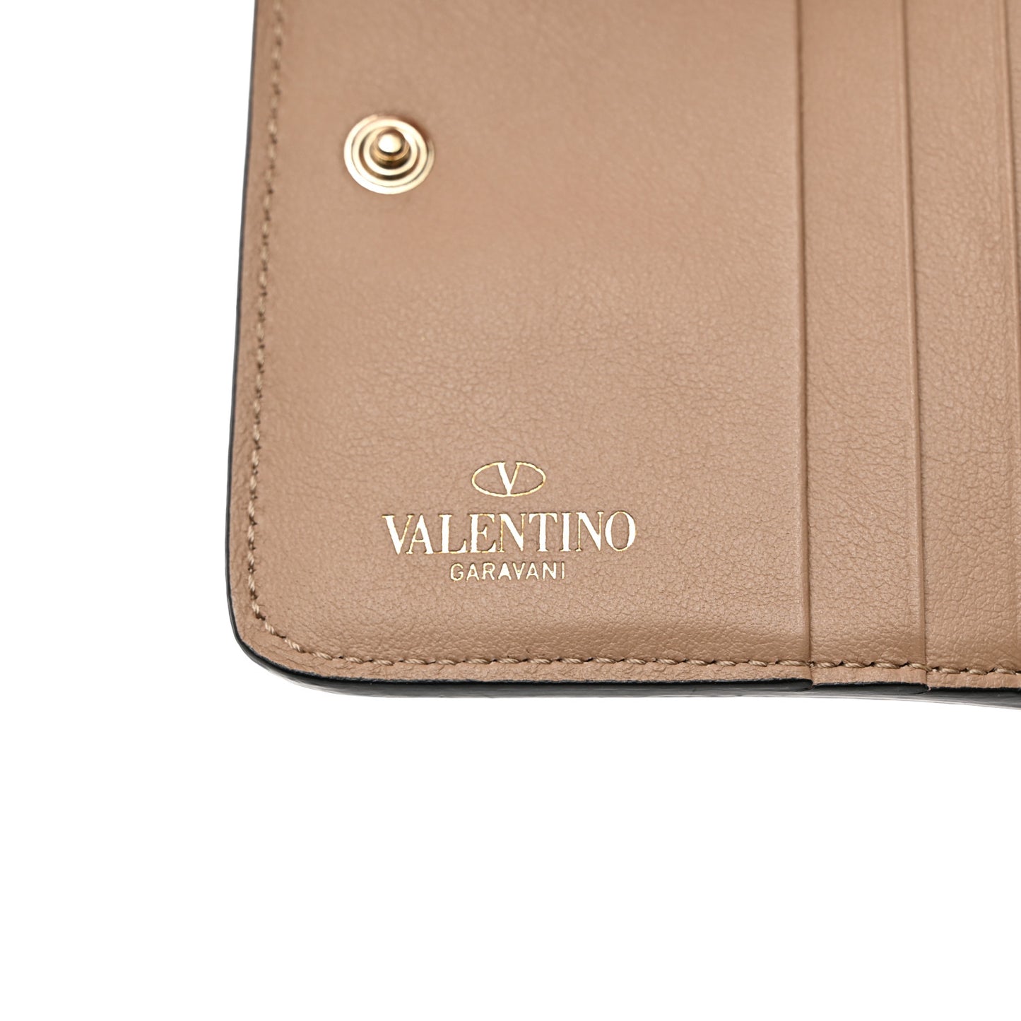 Calfskin Rockstud Compact Zip Around Wallet Camel Rose