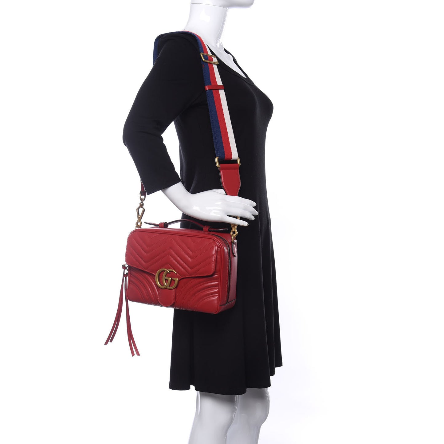 Calfskin Matelasse Sylvie Web Small GG Marmont Top Handle Shoulder Bag Hibiscus Red