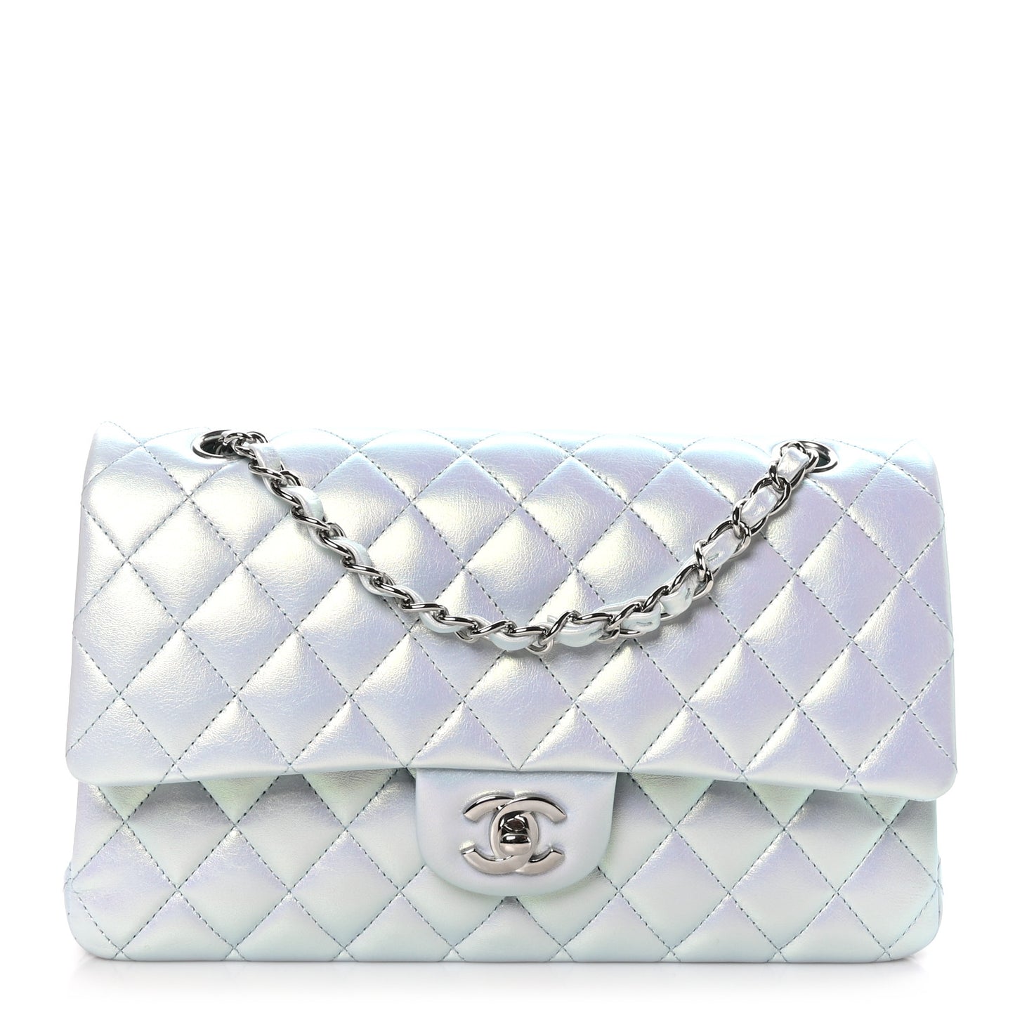 Iridescent Lambskin Quilted Medium Double Flap Light Blue