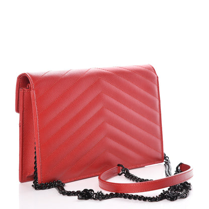 Saint Laurent Grain De Poudre Matelasse Chevron Monogram Envelope Chain Wallet New Red 3 of 11
