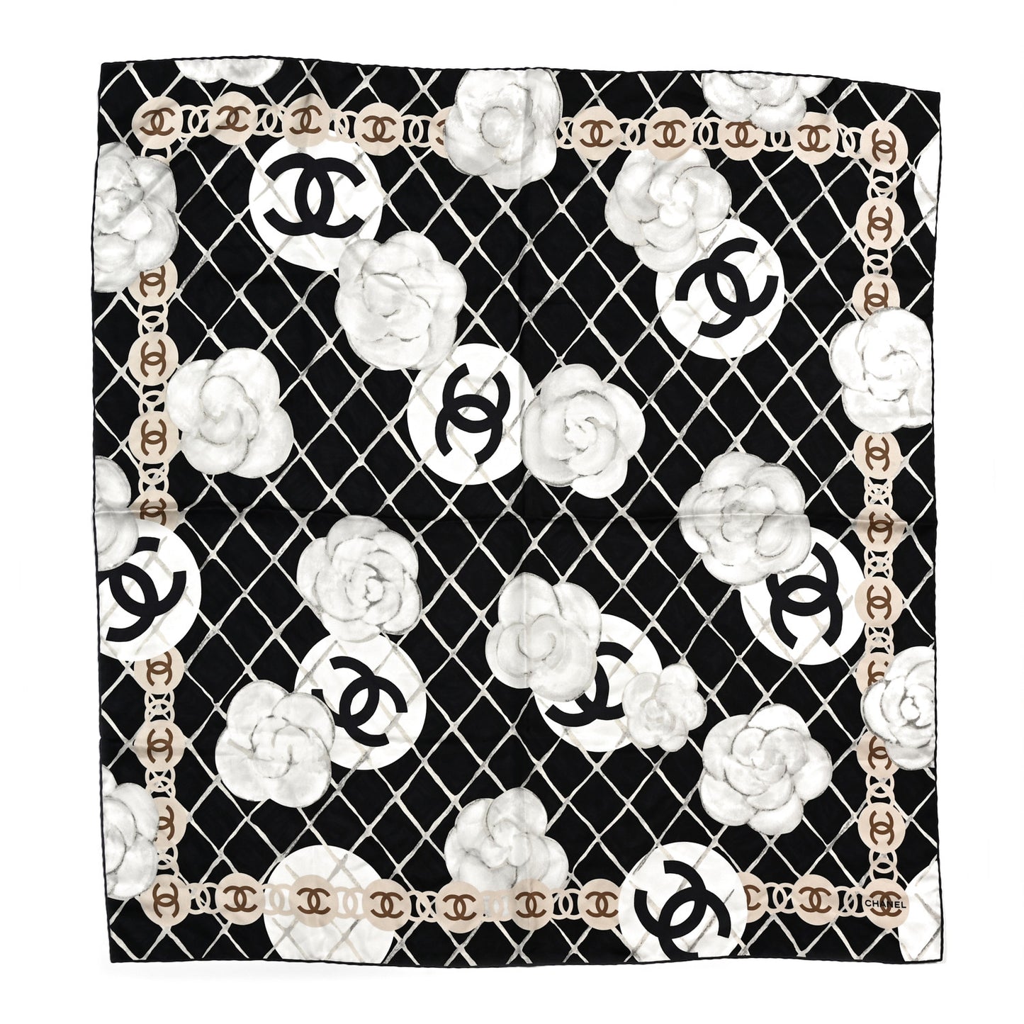 Silk Camellia CC Square Scarf Black
