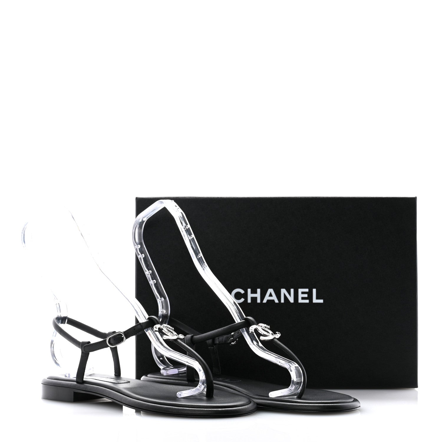 Chanel Lambskin Crystal Baguette CC Thong Sandals 38 Black 8 of 8