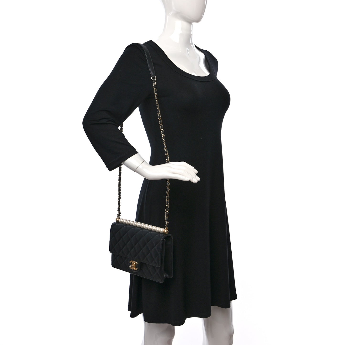 Lambskin Quilted Small Chic Pearls Flap Black