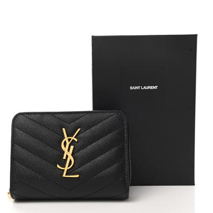 Saint Laurent Grain De Poudre Matelasse Chevron Monogram Compact Zip Around Wallet Black 8 of 8