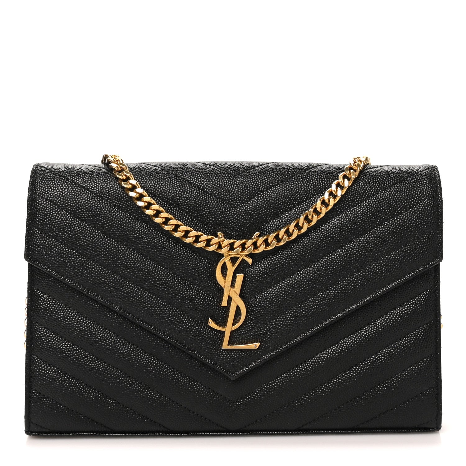 Saint Laurent Grain De Poudre Matelasse Chevron Monogram Chain Wallet Black 1 of 9