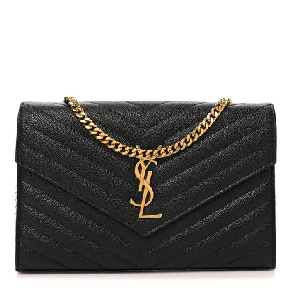 Saint Laurent Grain De Poudre Matelasse Chevron Monogram Chain Wallet Black 1 of 9