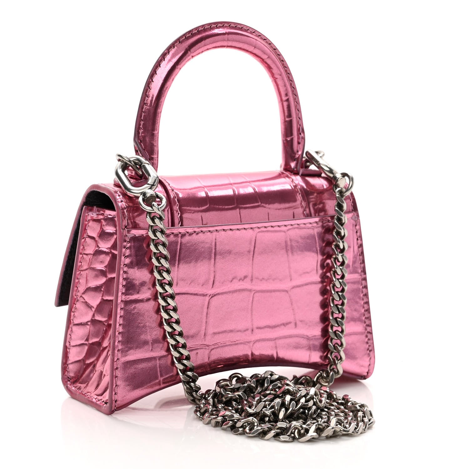 Balenciaga Metallic Calfskin Crocodile Embossed Hourglass Top Handle Bag Mini with Chain Pink 3 of 9