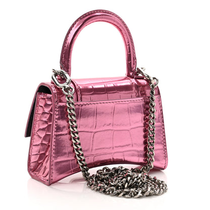 Balenciaga Metallic Calfskin Crocodile Embossed Hourglass Top Handle Bag Mini with Chain Pink 3 of 9