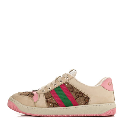 Gucci New GG Monogram Nubuck Web Crystal Embellished Womens Screener Sneakers 38 Camel Ebony Wild Rose 2 of 12