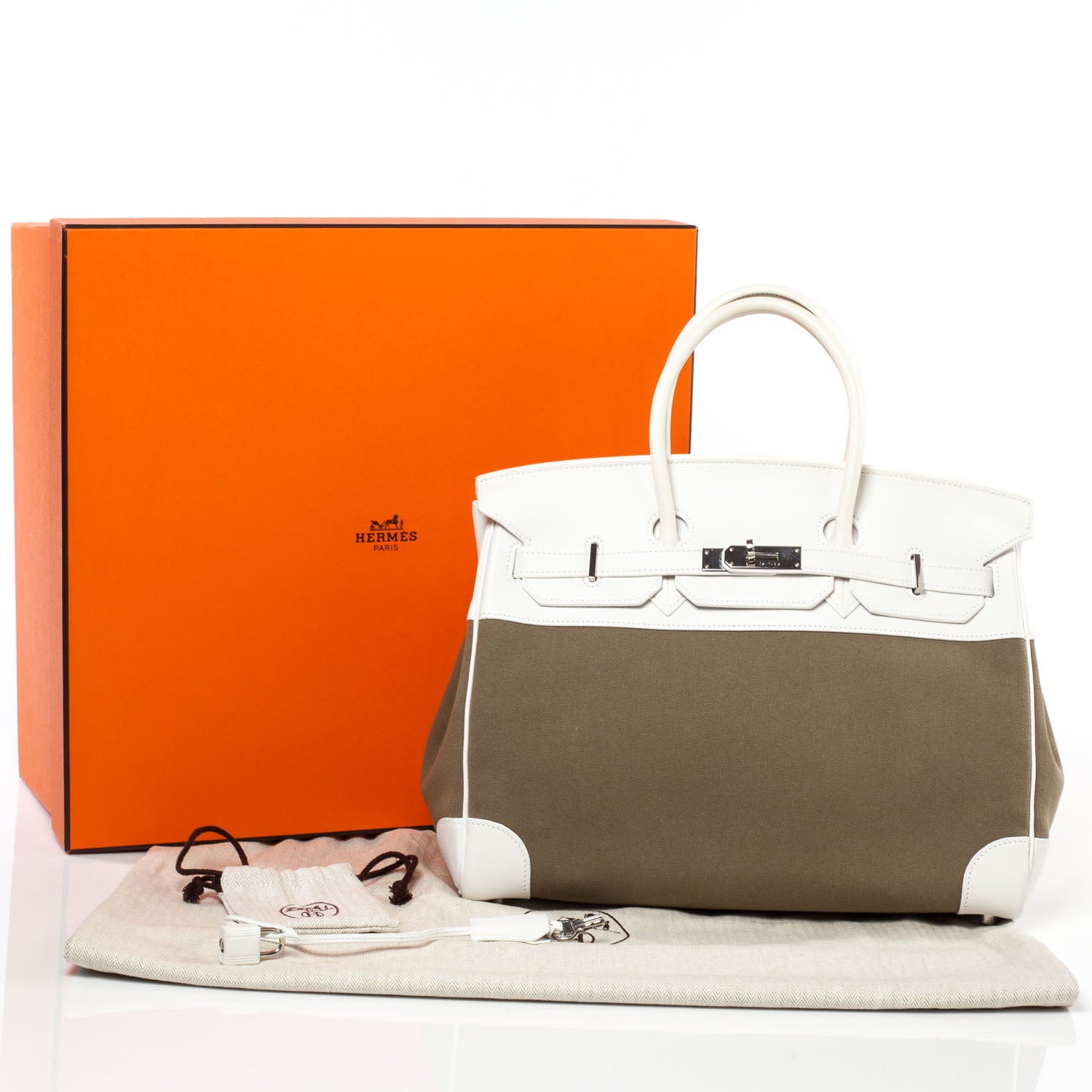 Hermes Swift Toile Birkin 35 Blanc Vert Miliatire 11 of 11