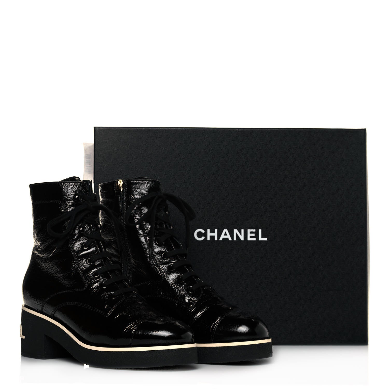Chanel Shiny Crumpled Lambskin Lace Up Combat Boots 39.5 Black 8 of 8
