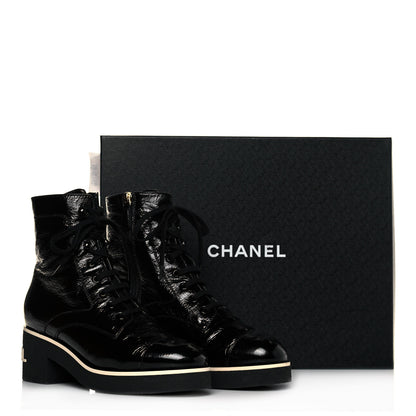Chanel Shiny Crumpled Lambskin Lace Up Combat Boots 39.5 Black 8 of 8