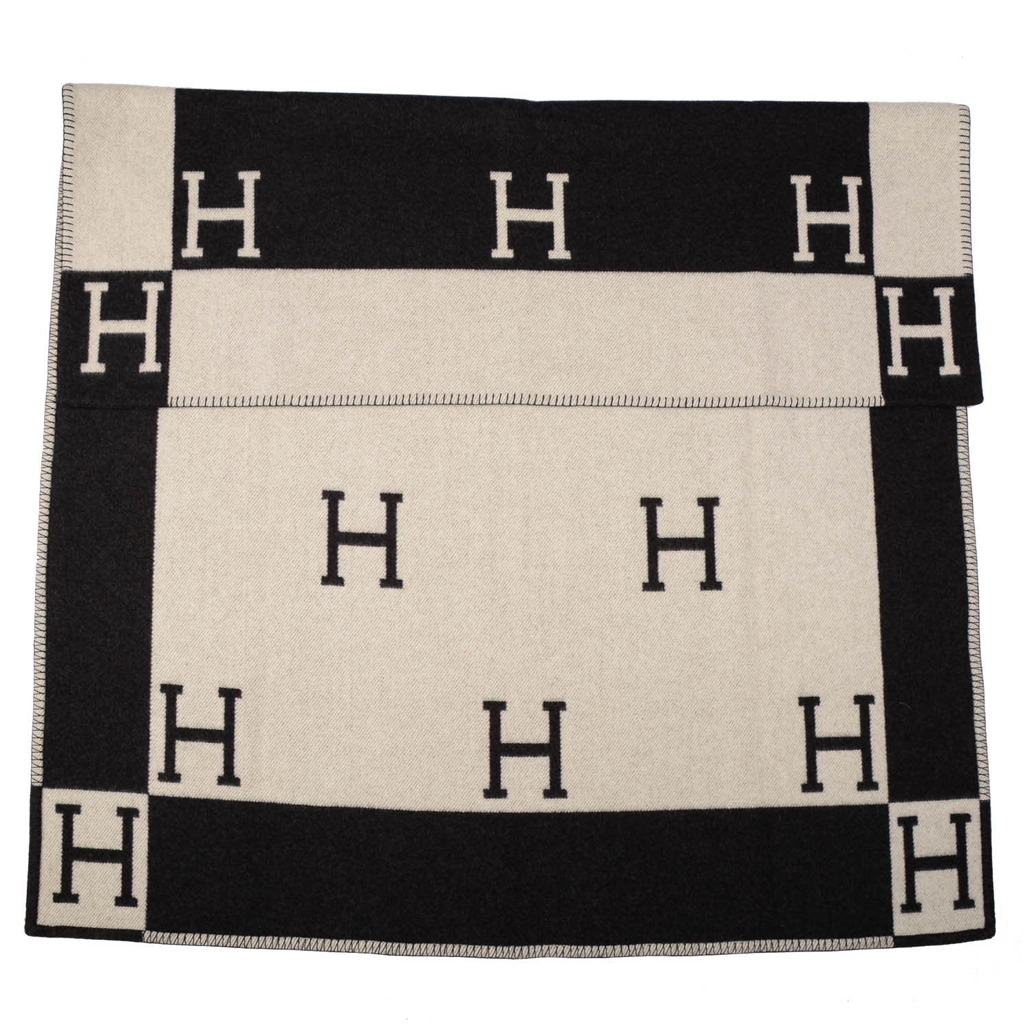 Hermes Wool Cashmere Signature Avalon Blanket Dark Grey Ecru 2 of 4