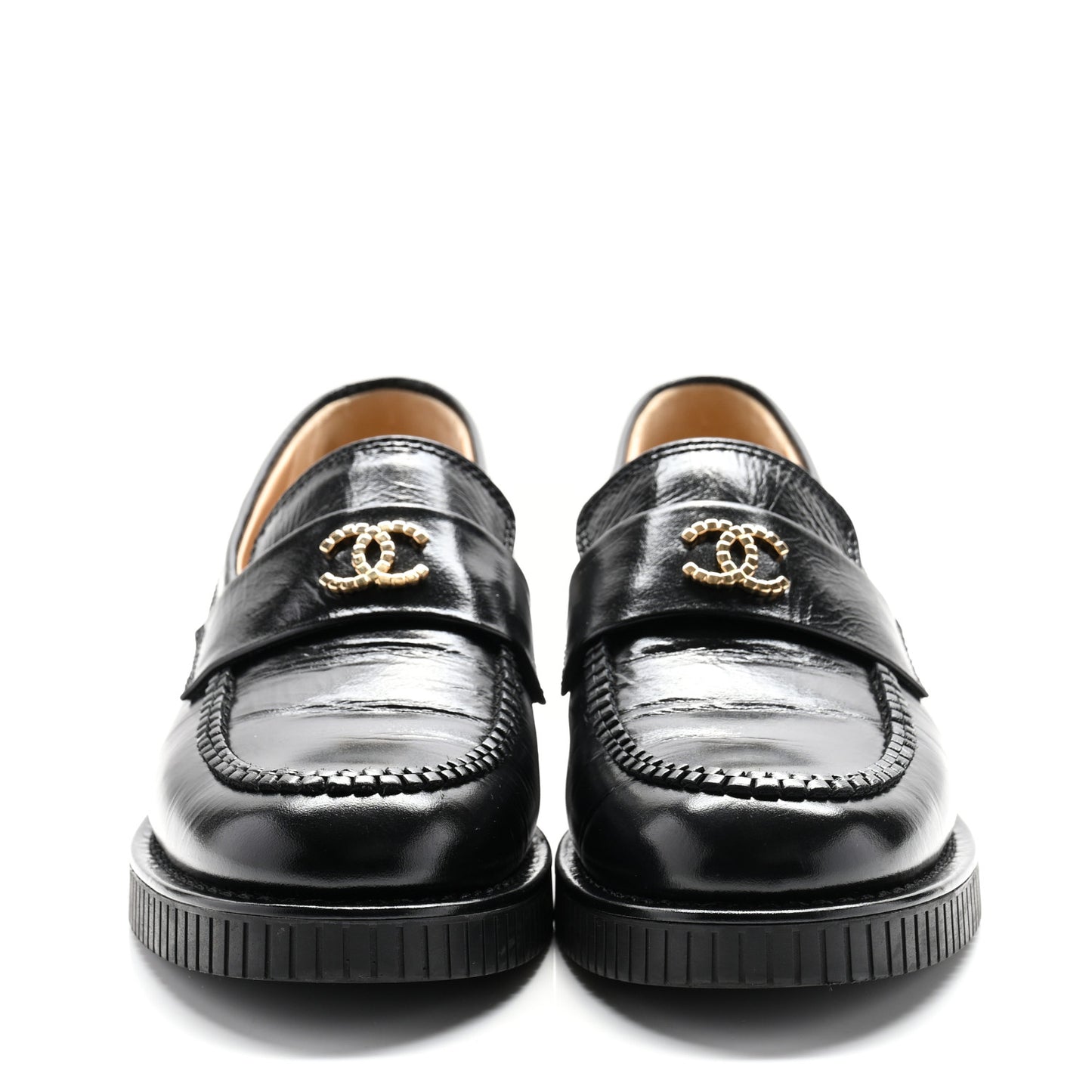 Shiny Crumpled Calfskin CC Mocassin Loafers 38 Black