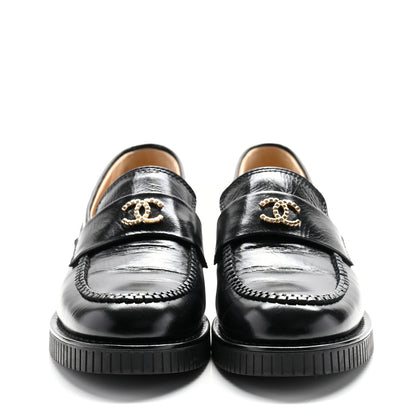 Chanel Shiny Crumpled Calfskin CC Mocassin Loafers 38 Black 3 of 11