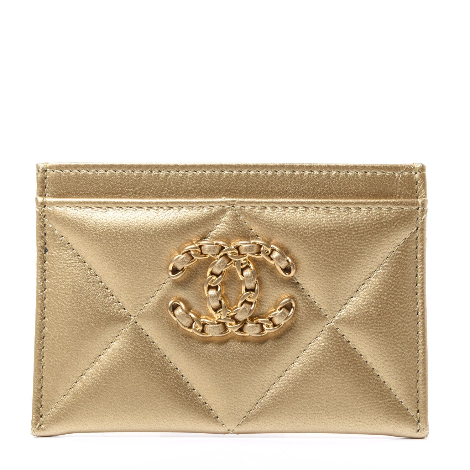 Chanel Metallic Goatskin Quilted Chanel 19 Card Holder Gold 1 of 12