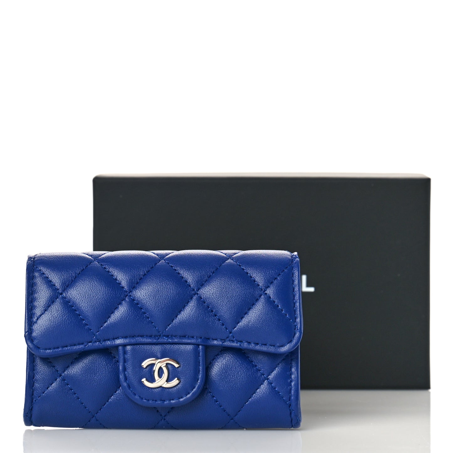 Lambskin Quilted Flap Card Holder Wallet Blue