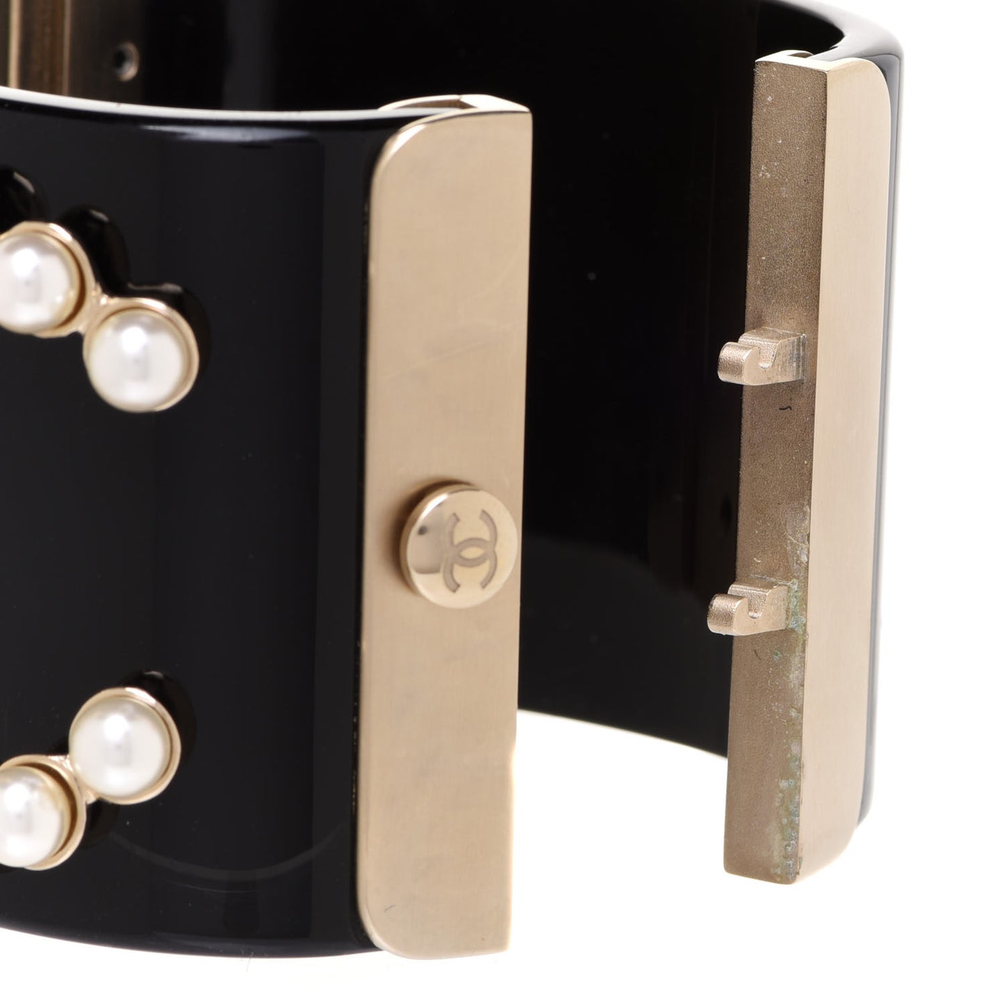 Resin Pearl Lambskin CC Cuff Bracelet Black