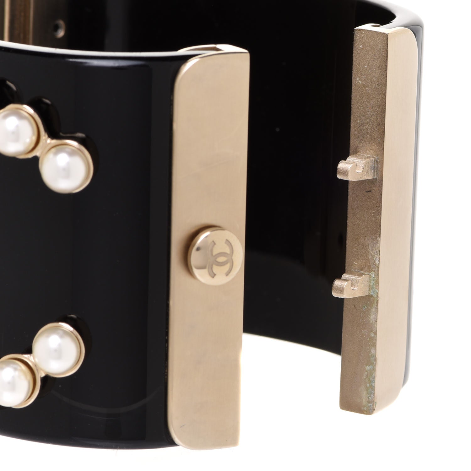 Chanel Resin Pearl Lambskin CC Cuff Bracelet Black 4 of 6