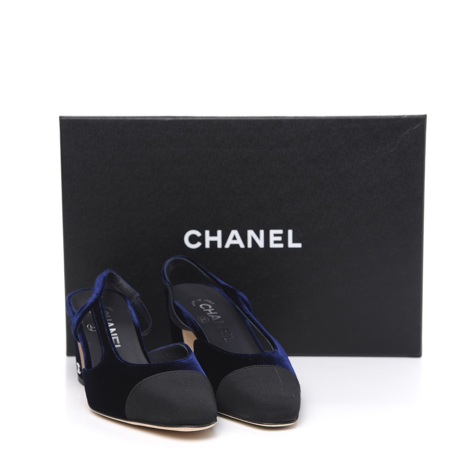 Chanel Velvet Grosgrain Cap Toe CC Slingback Pumps 35.5 Blue Black 9 of 9