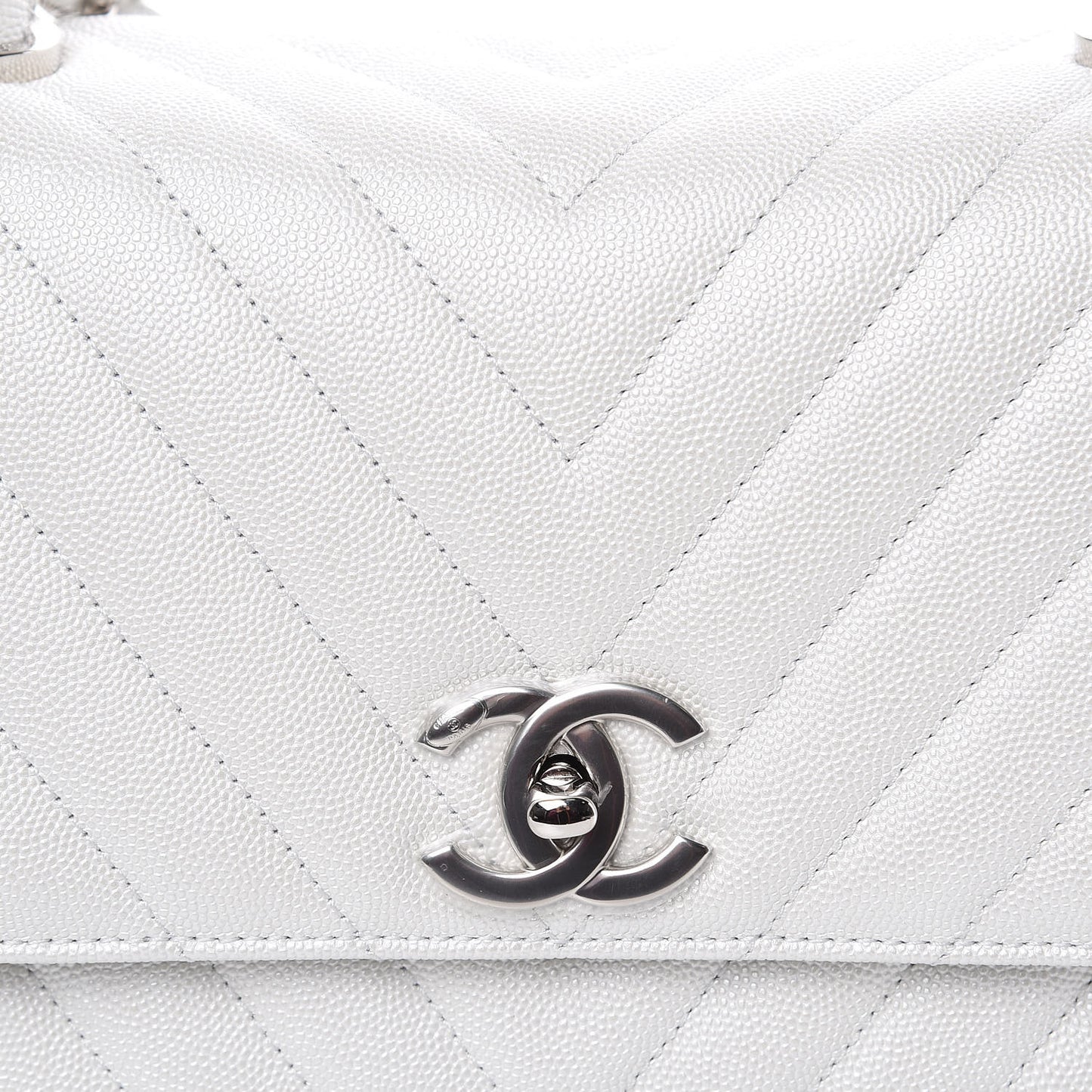 Iridescent Caviar Chevron Quilted Small Coco Handle Flap White