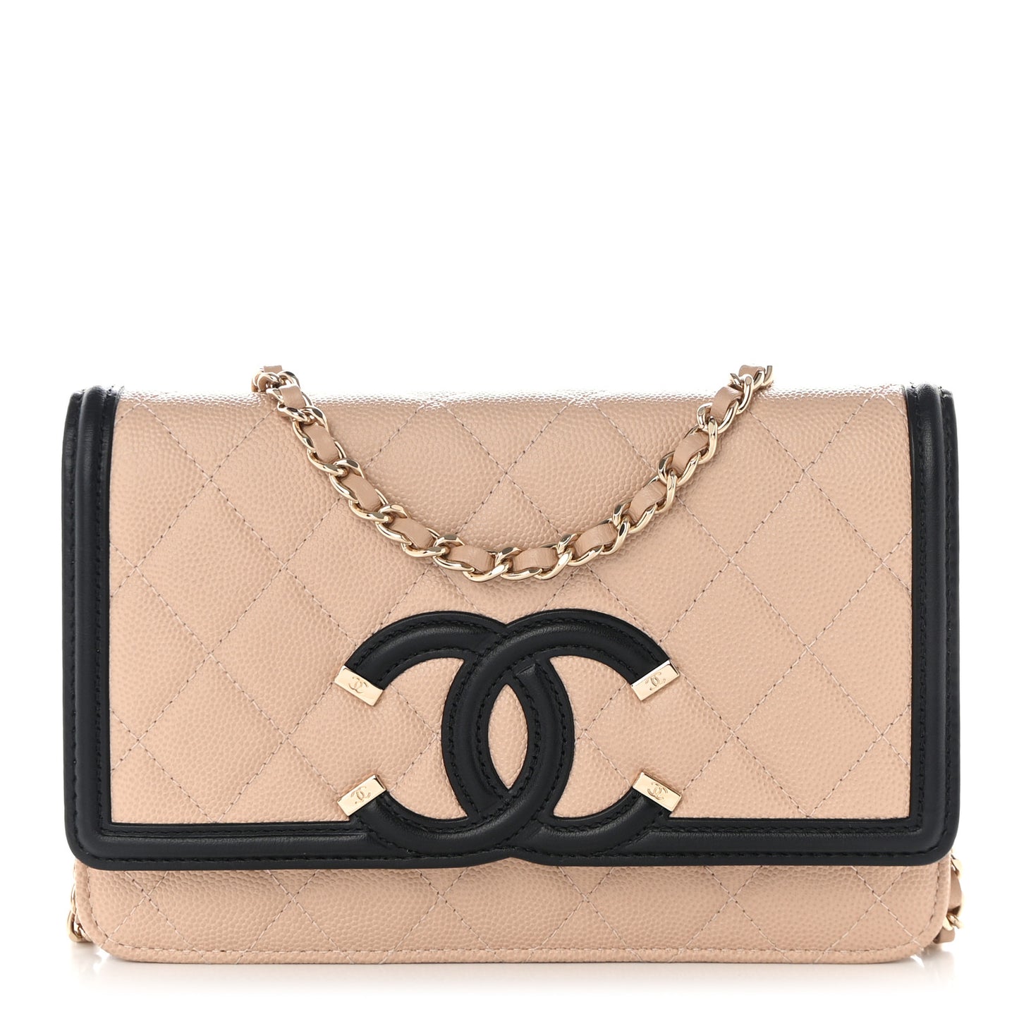 Caviar Quilted CC Filigree Wallet On Chain WOC Beige Black