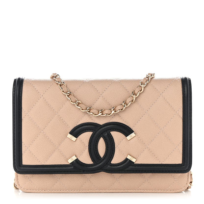 Chanel Caviar Quilted CC Filigree Wallet On Chain WOC Beige Black 1 of 12