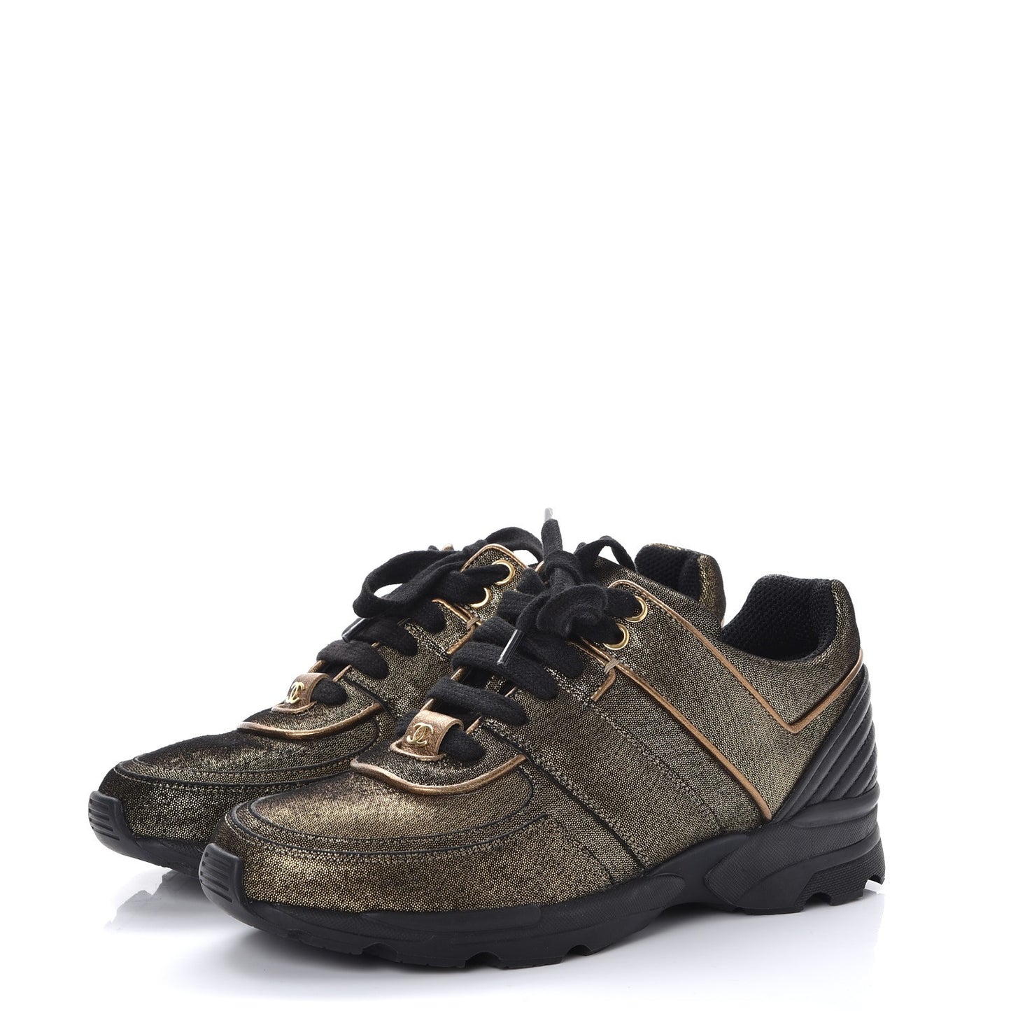 Metallic Fabric Calfskin Womens CC Sneakers 36 Golden Brown