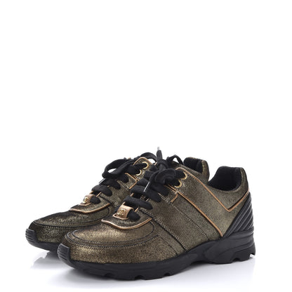 Chanel Metallic Fabric Calfskin Womens CC Sneakers 36 Golden Brown 3 of 9