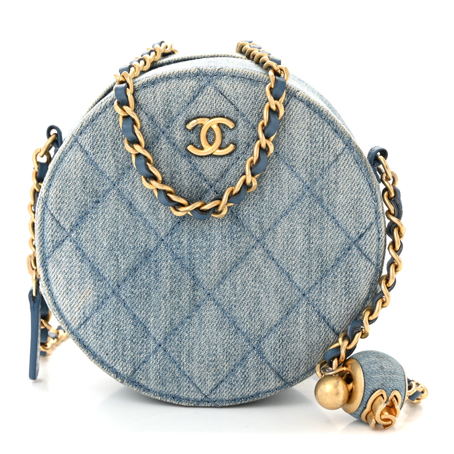 Chanel Denim Quilted Round Pearl Crush Clutch With Chain Blue 1 of 11