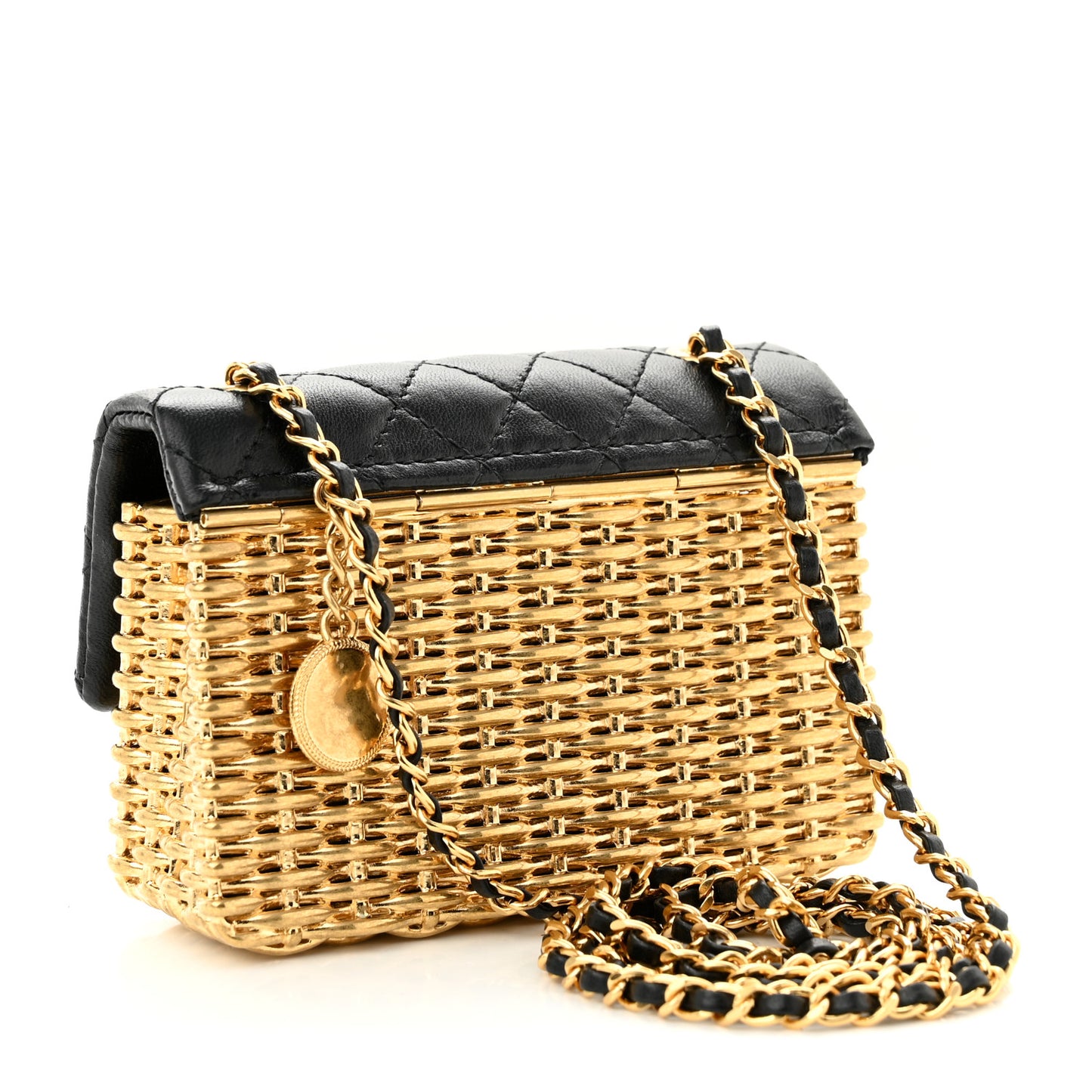Woven Metal Lambskin Quilted Small Flap Black Gold