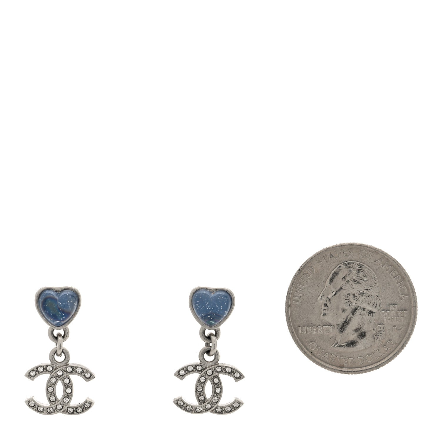 Chanel Crystal Resin CC Heart Drop Earrings Silver Blue 2 of 5