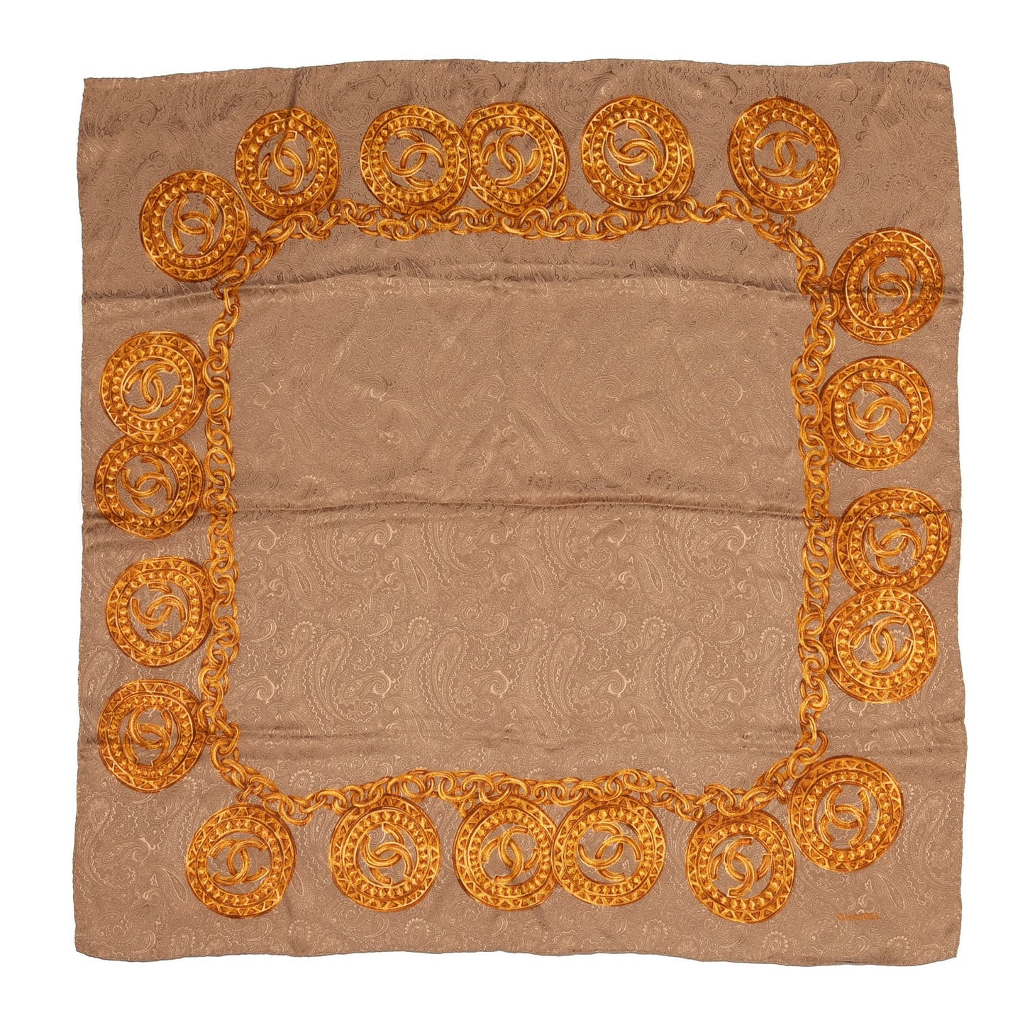 Silk Paisley CC Chain Square Scarf Brown