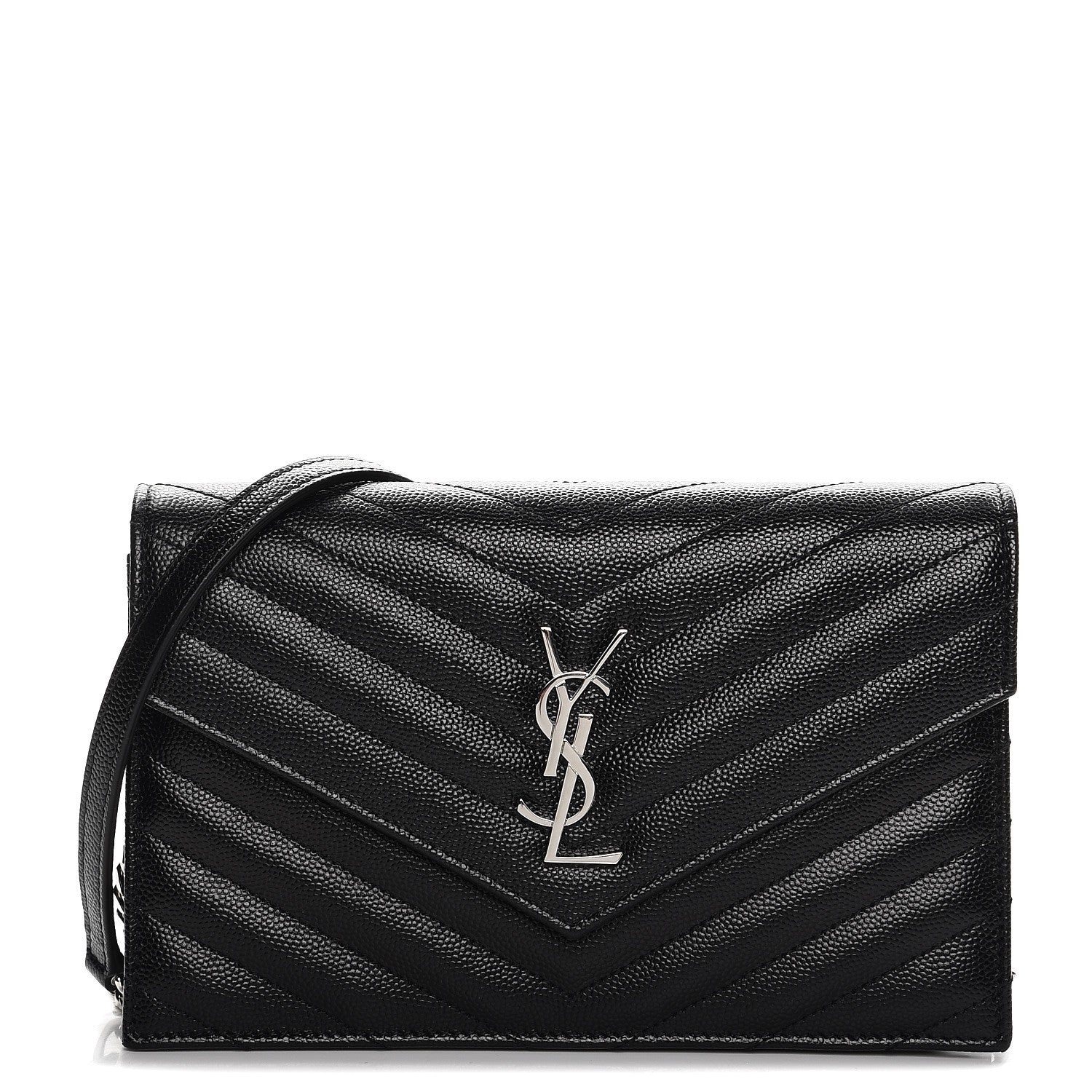 Saint Laurent Grain De Poudre Matelasse Chevron Monogram Envelope Chain Wallet Black 1 of 8