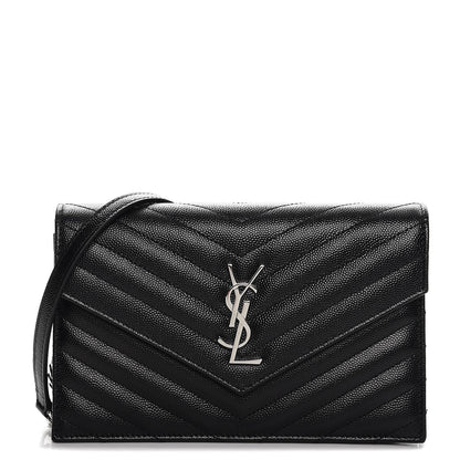 Saint Laurent Grain De Poudre Matelasse Chevron Monogram Envelope Chain Wallet Black 1 of 8
