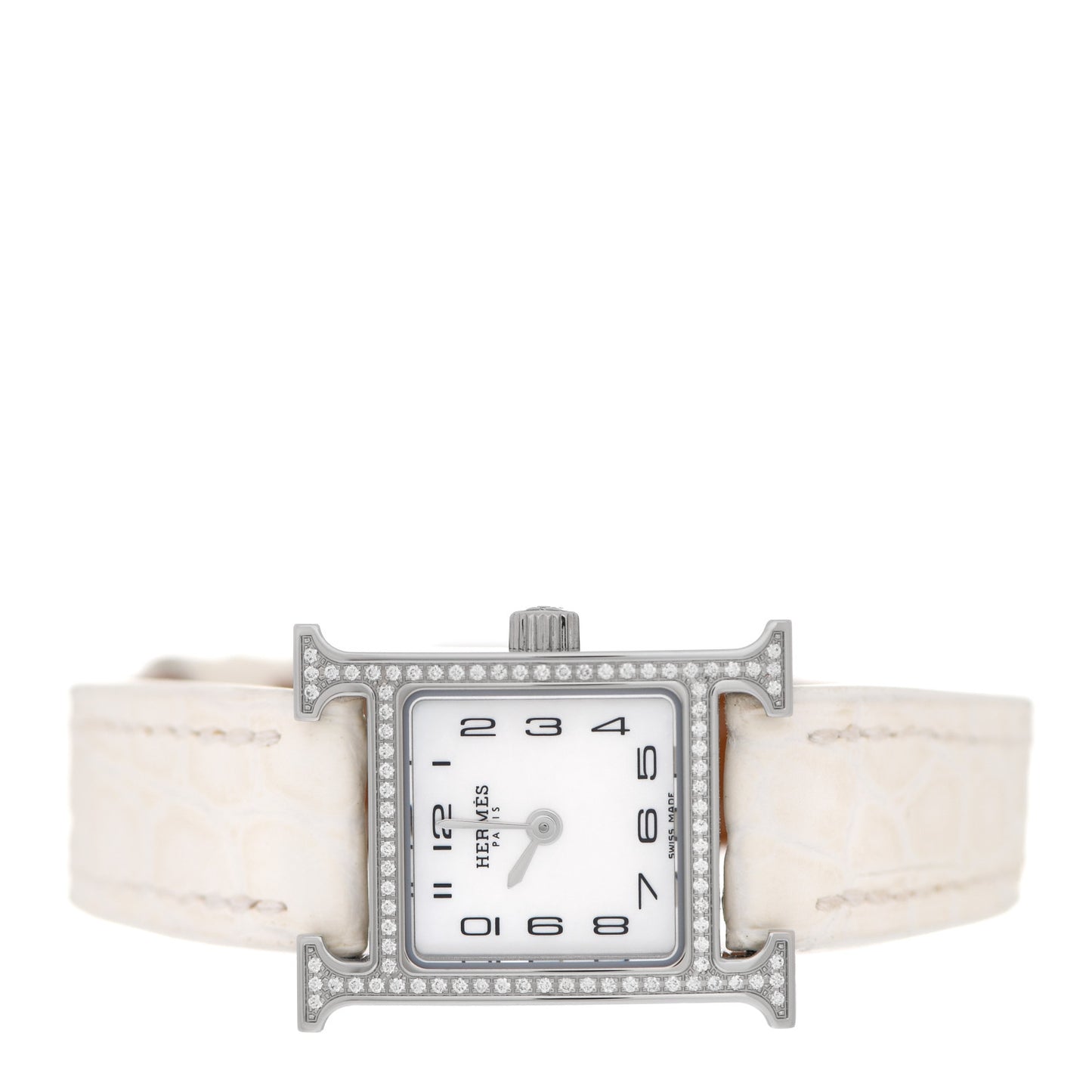 Stainless Steel Alligator Diamond Bezel Mother of Pearl 17.2mm Heure H Hour Quartz Watch Blanc